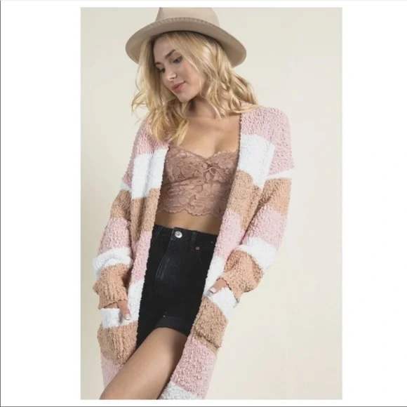 NEW Long Popcorn Texture Colorblock Pocket Cardigan S/ML - Picture 3 of 8